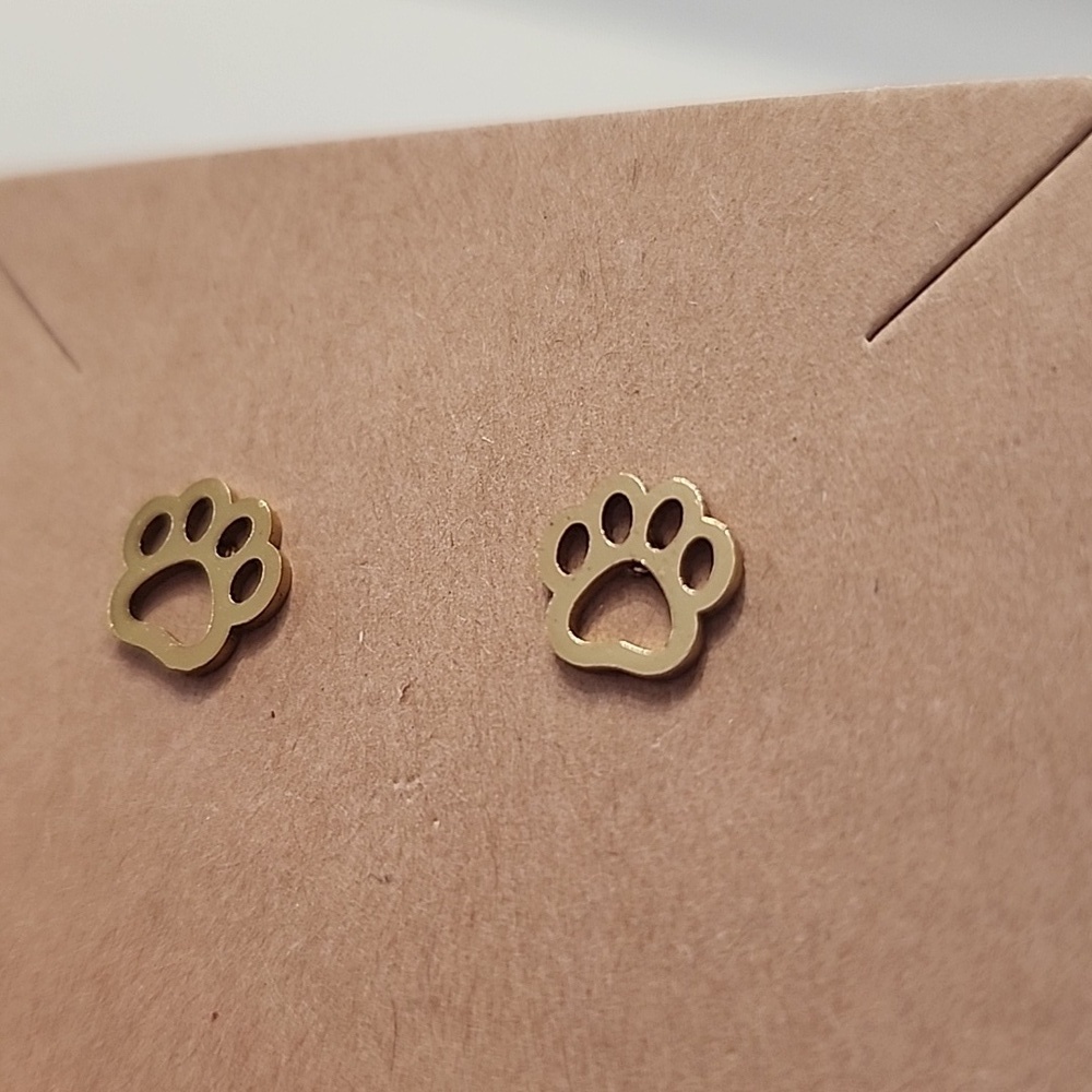 Gold Stainless Steel Paw Print Stud Earrings NWOT - Picture 3 of 5